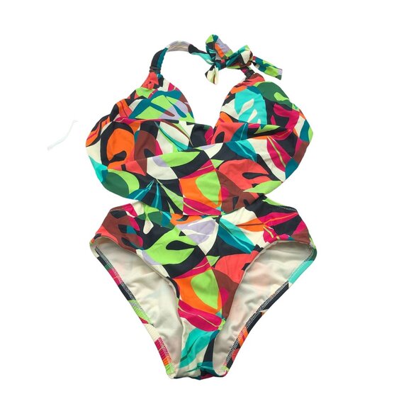 Bar III Tropical Dreams Multicolor Halter Cowl Neck One Piece Swimsuit XS - Picture 3 of 6